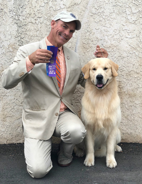 A man in a suit poses with a golden retriever.