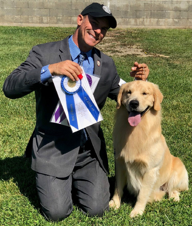 A man in a suit poses with a golden retriever.